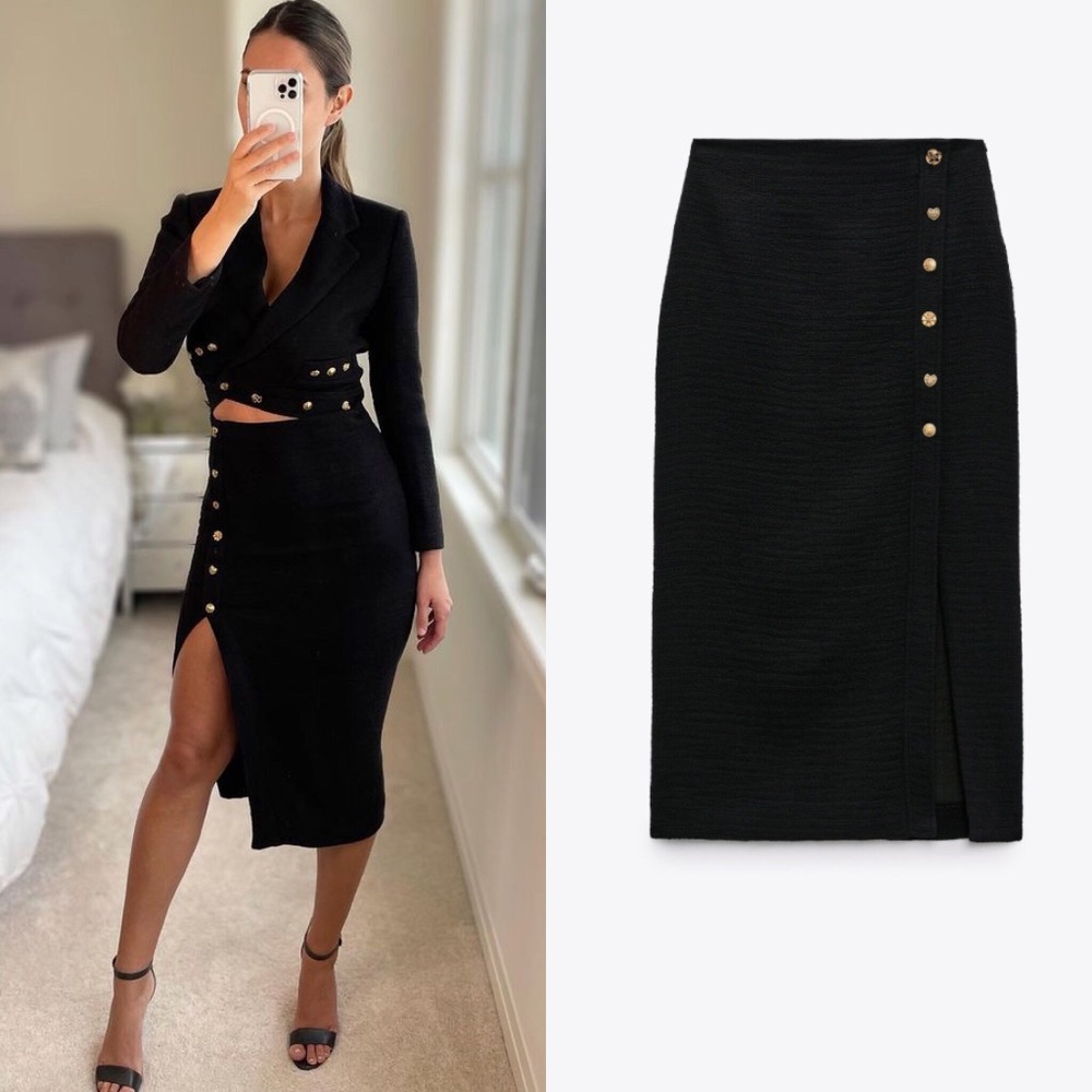 Textured Midi Skirt with Buttons
